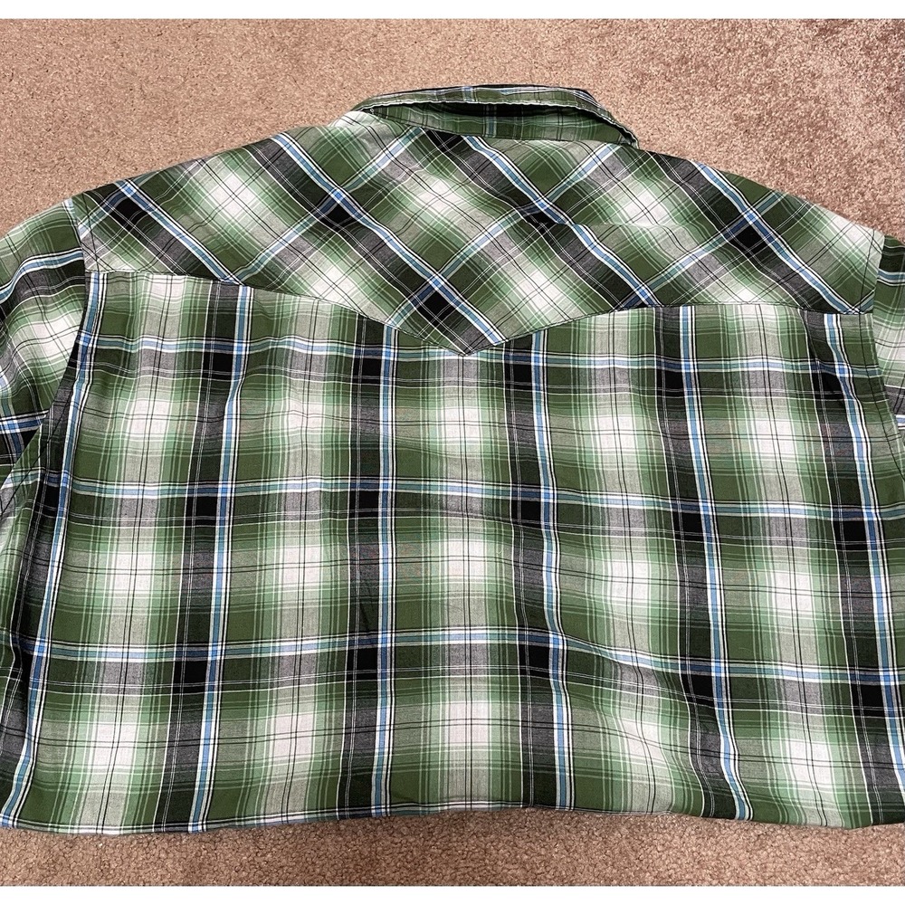 Wrangler Wrancher Western Pearl snap Bush Popper Mens XL Green Plaid Long Sleeve - Picture 5 of 6